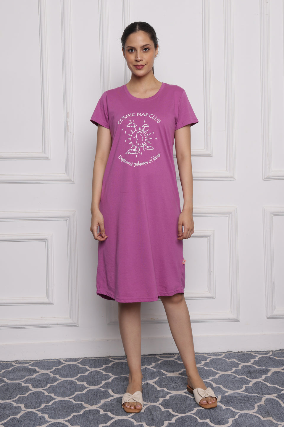 Women's Cotton Nightdress – Cosmic Nap Club Print | Relaxed Fit Sleepwear – Magenta