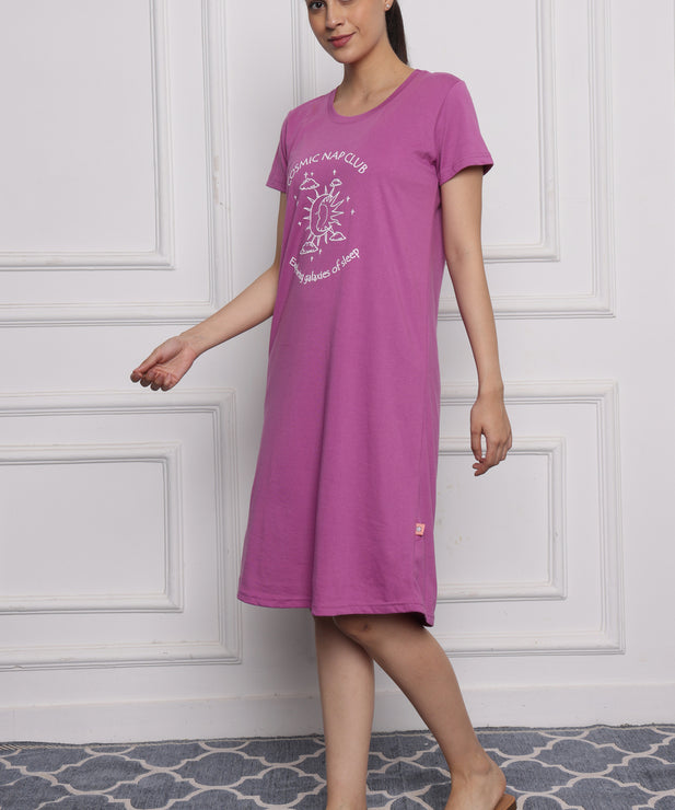 Women's Cotton Nightdress – Cosmic Nap Club Print | Relaxed Fit Sleepwear – Magenta