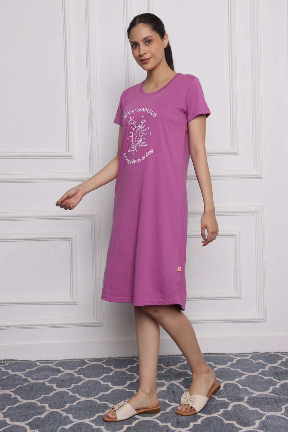 Women's Cotton Nightdress – Cosmic Nap Club Print | Relaxed Fit Sleepwear – Magenta