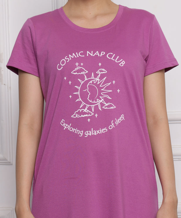 Women's Cotton Nightdress – Cosmic Nap Club Print | Relaxed Fit Sleepwear – Magenta
