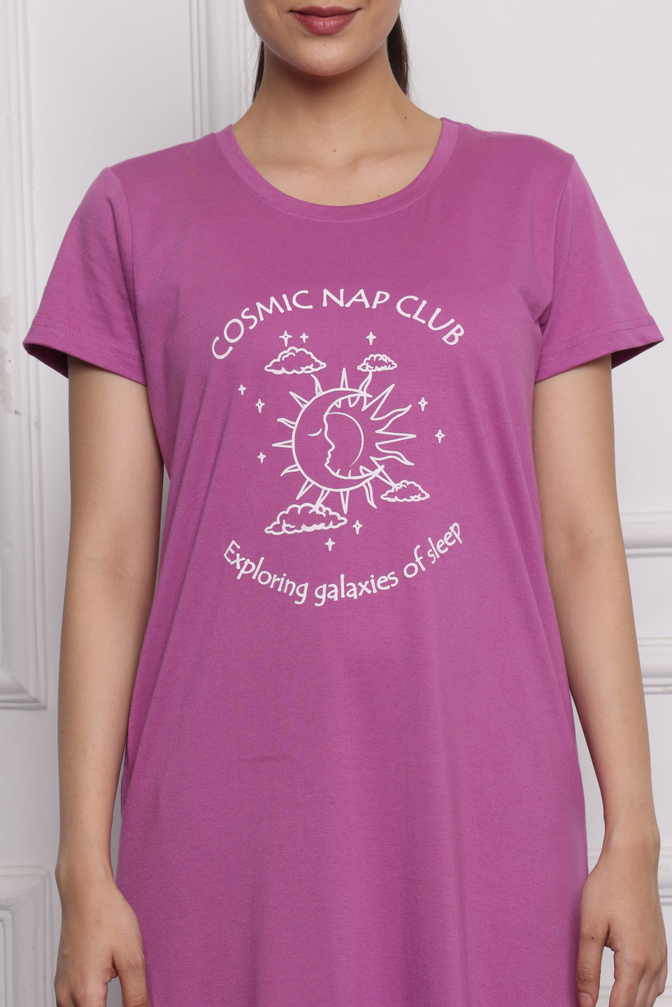 Women's Cotton Nightdress – Cosmic Nap Club Print | Relaxed Fit Sleepwear – Magenta