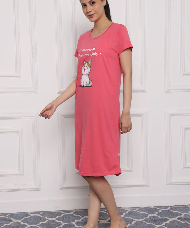 Womens Cotton Nightdress-Purrfect Dreams Pink Cat Print