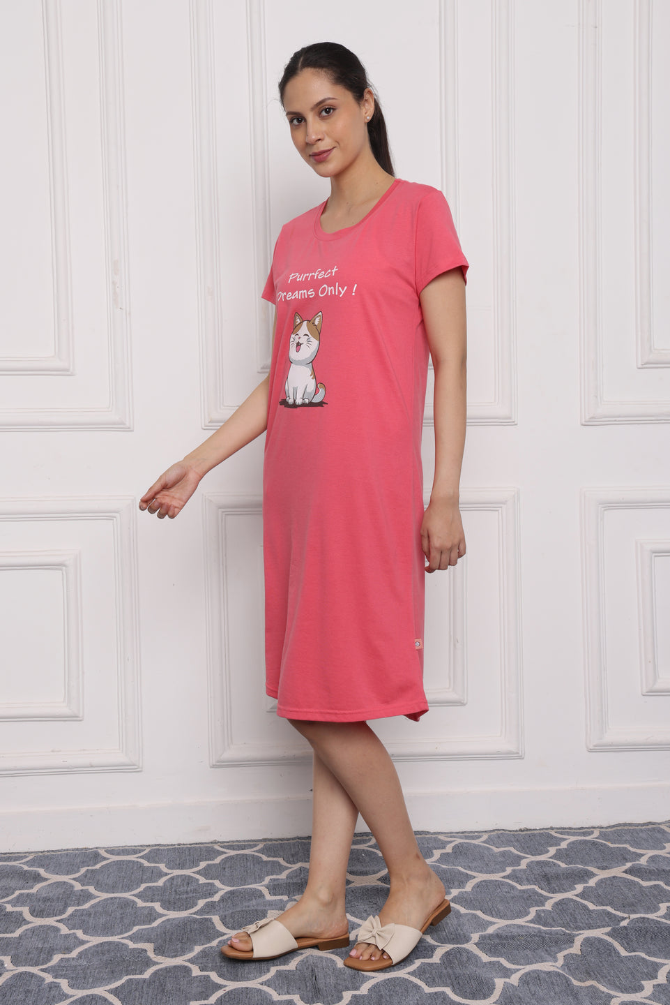 Womens Cotton Nightdress-Purrfect Dreams Pink Cat Print
