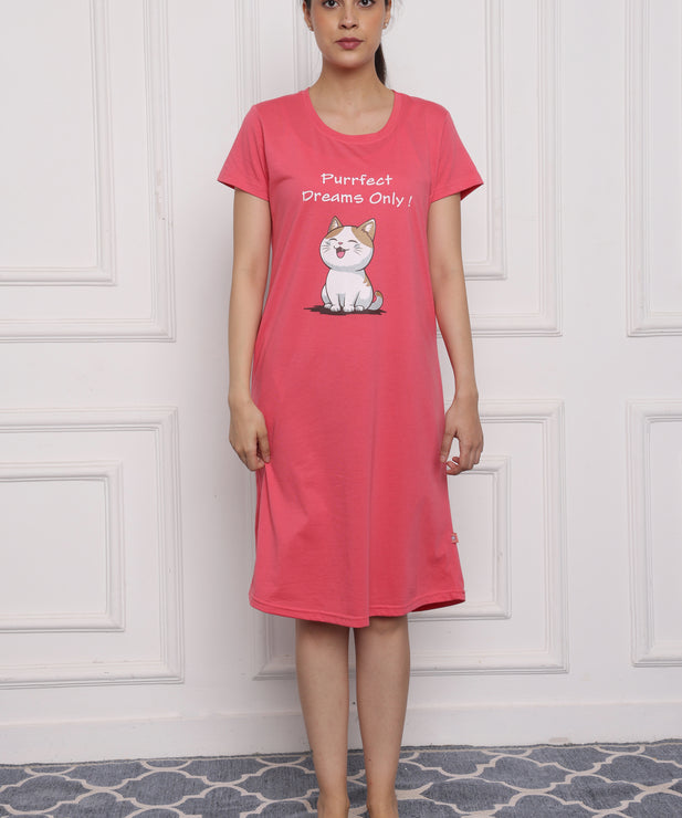 Womens Cotton Nightdress-Purrfect Dreams Pink Cat Print