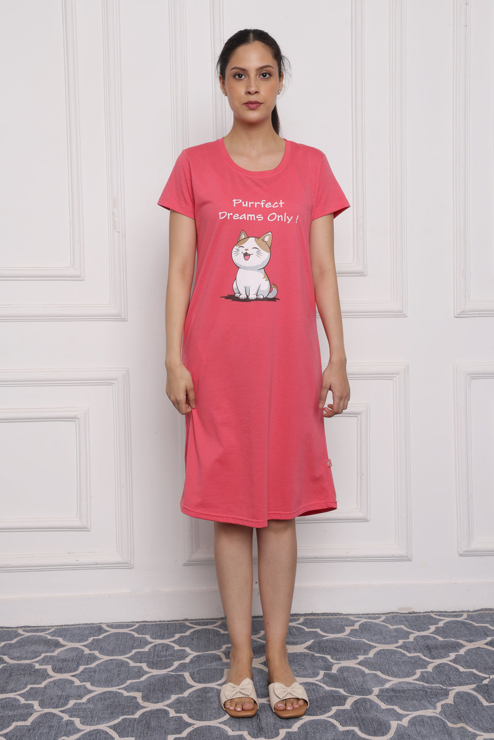 Womens Cotton Nightdress-Purrfect Dreams Pink Cat Print