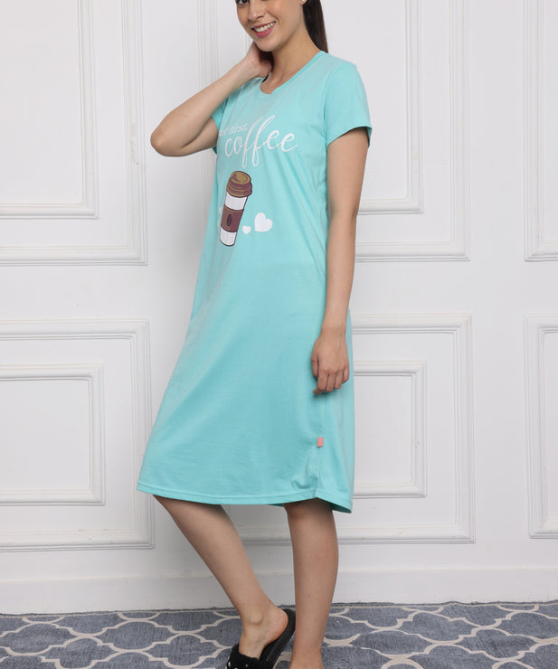 Women's Aqua Blue Cotton Nightdress – "But First, Coffee" Print | Relaxed Fit Hosiery Sleepwear with Pockets