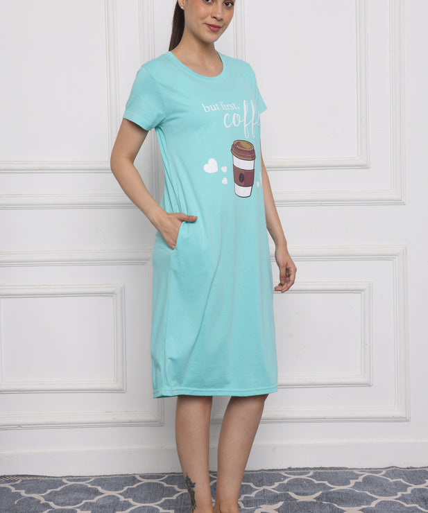 Women's Aqua Blue Cotton Nightdress – "But First, Coffee" Print | Relaxed Fit Hosiery Sleepwear with Pockets