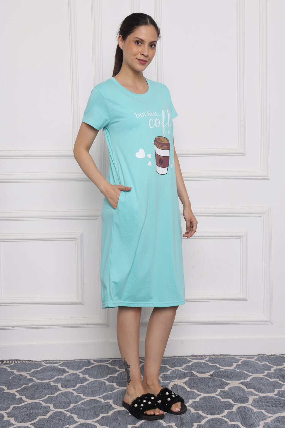 Women's Aqua Blue Cotton Nightdress – "But First, Coffee" Print | Relaxed Fit Hosiery Sleepwear with Pockets