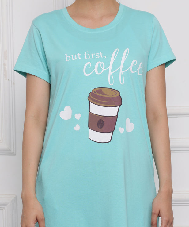 Women's Aqua Blue Cotton Nightdress – "But First, Coffee" Print | Relaxed Fit Hosiery Sleepwear with Pockets