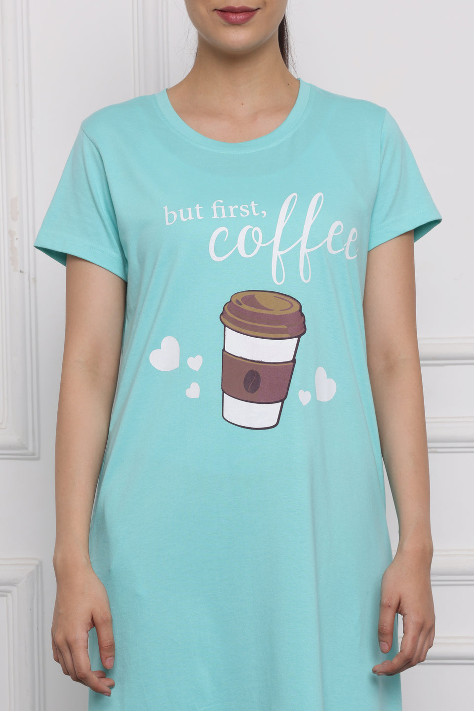 Women's Aqua Blue Cotton Nightdress – "But First, Coffee" Print | Relaxed Fit Hosiery Sleepwear with Pockets