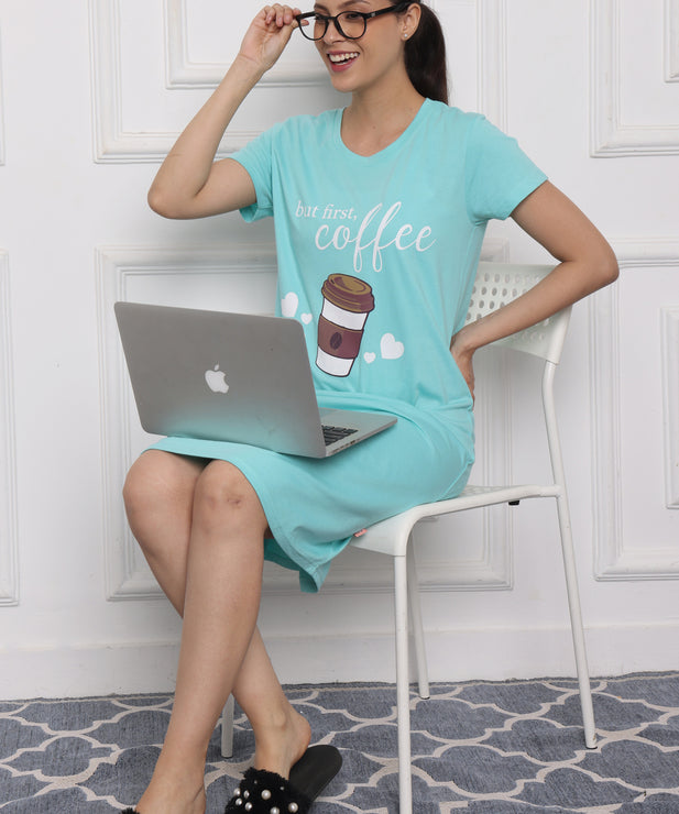Women's Aqua Blue Cotton Nightdress – "But First, Coffee" Print | Relaxed Fit Hosiery Sleepwear with Pockets