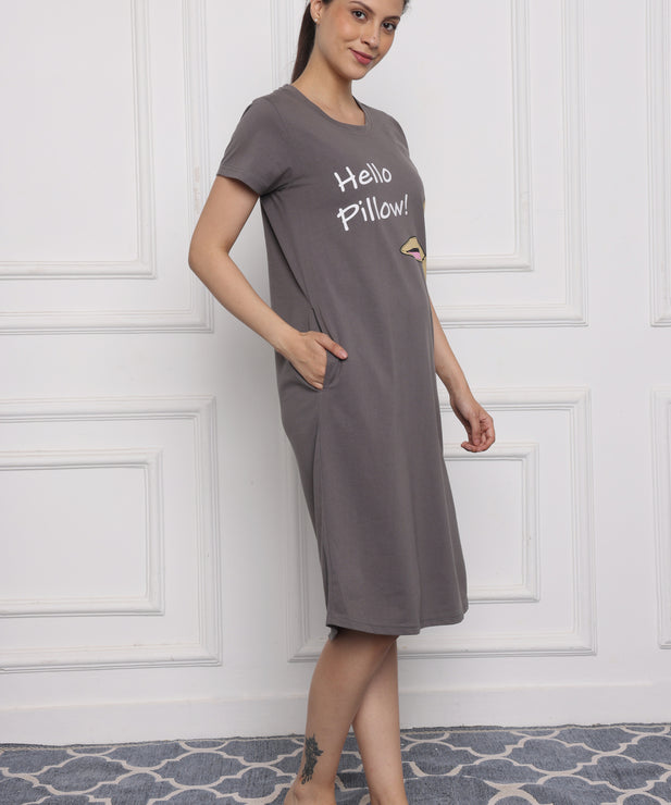 Women's Grey Cotton Nightdress – "Hello Pillow!" Bunny Print | Soft Hosiery Sleepwear with Pockets