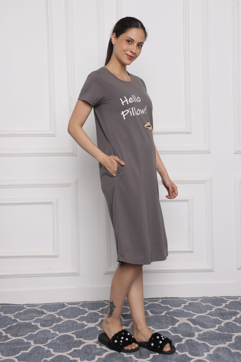 Women's Grey Cotton Nightdress – "Hello Pillow!" Bunny Print | Soft Hosiery Sleepwear with Pockets