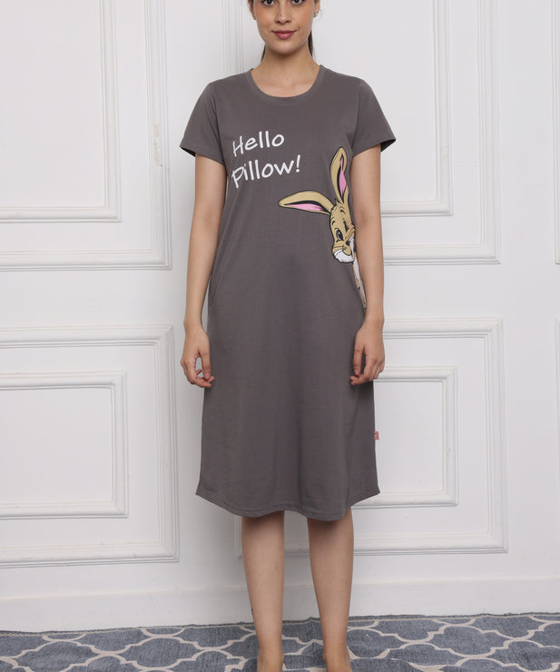 Women's Grey Cotton Nightdress – "Hello Pillow!" Bunny Print | Soft Hosiery Sleepwear with Pockets