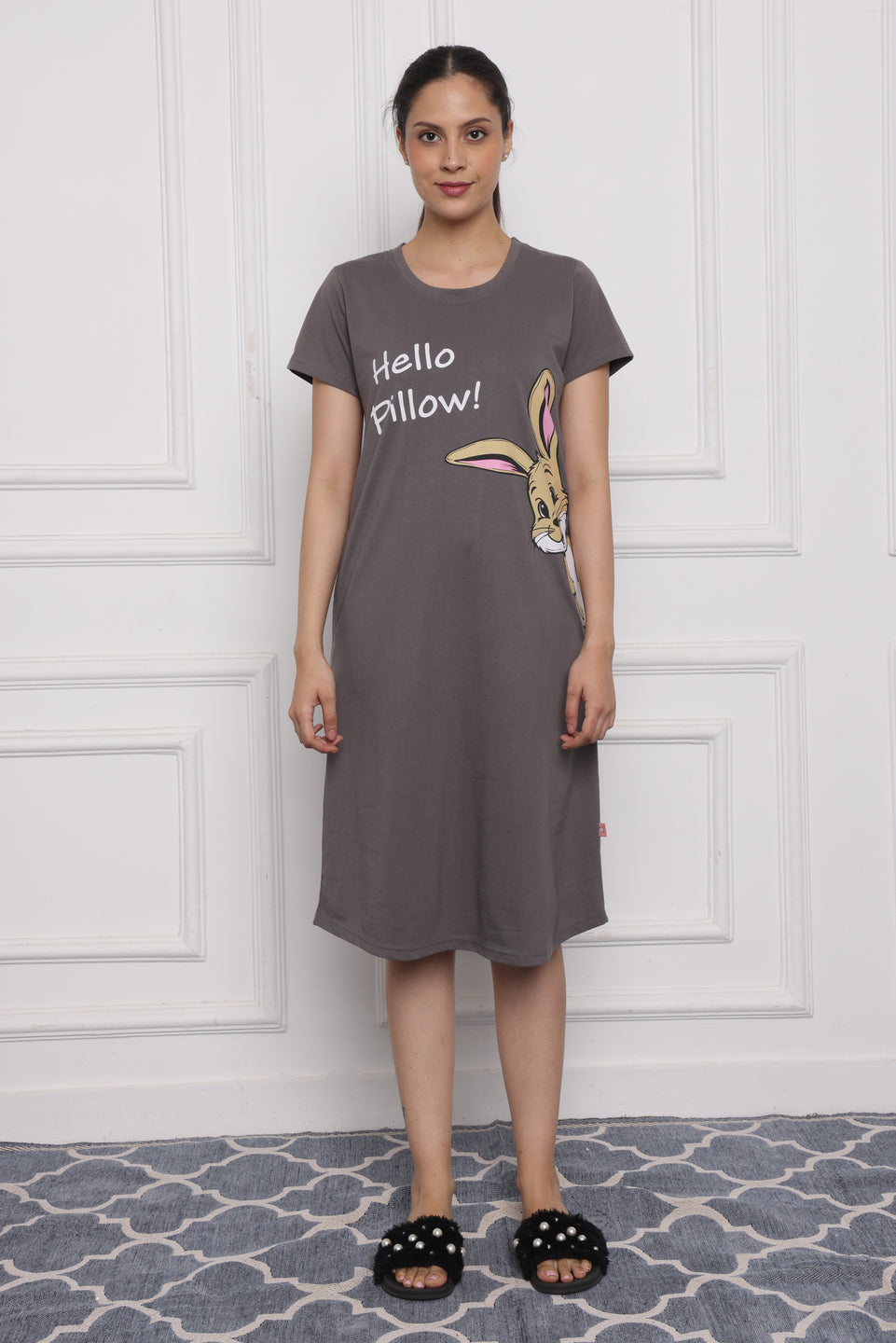 Women's Grey Cotton Nightdress – "Hello Pillow!" Bunny Print | Soft Hosiery Sleepwear with Pockets
