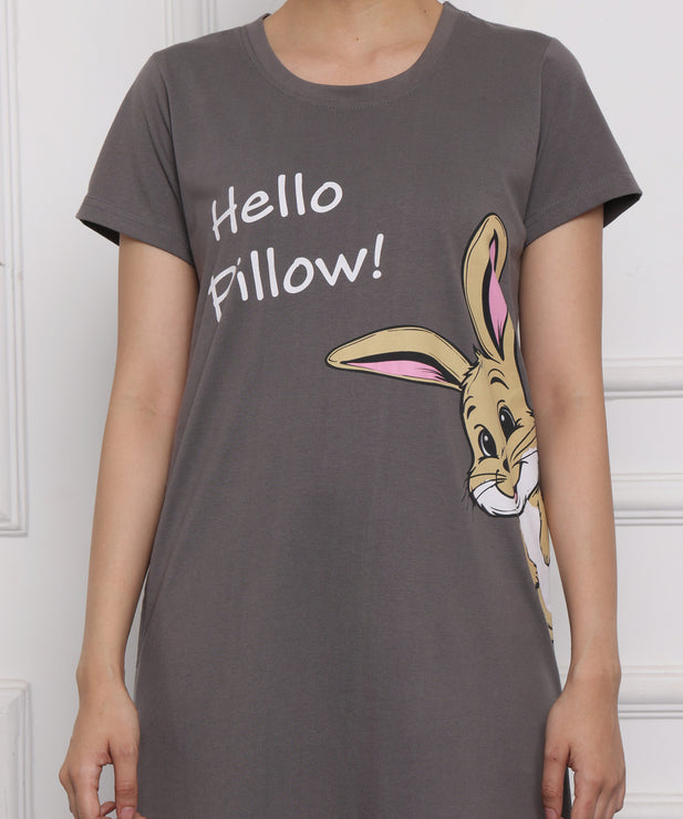 Women's Grey Cotton Nightdress – "Hello Pillow!" Bunny Print | Soft Hosiery Sleepwear with Pockets