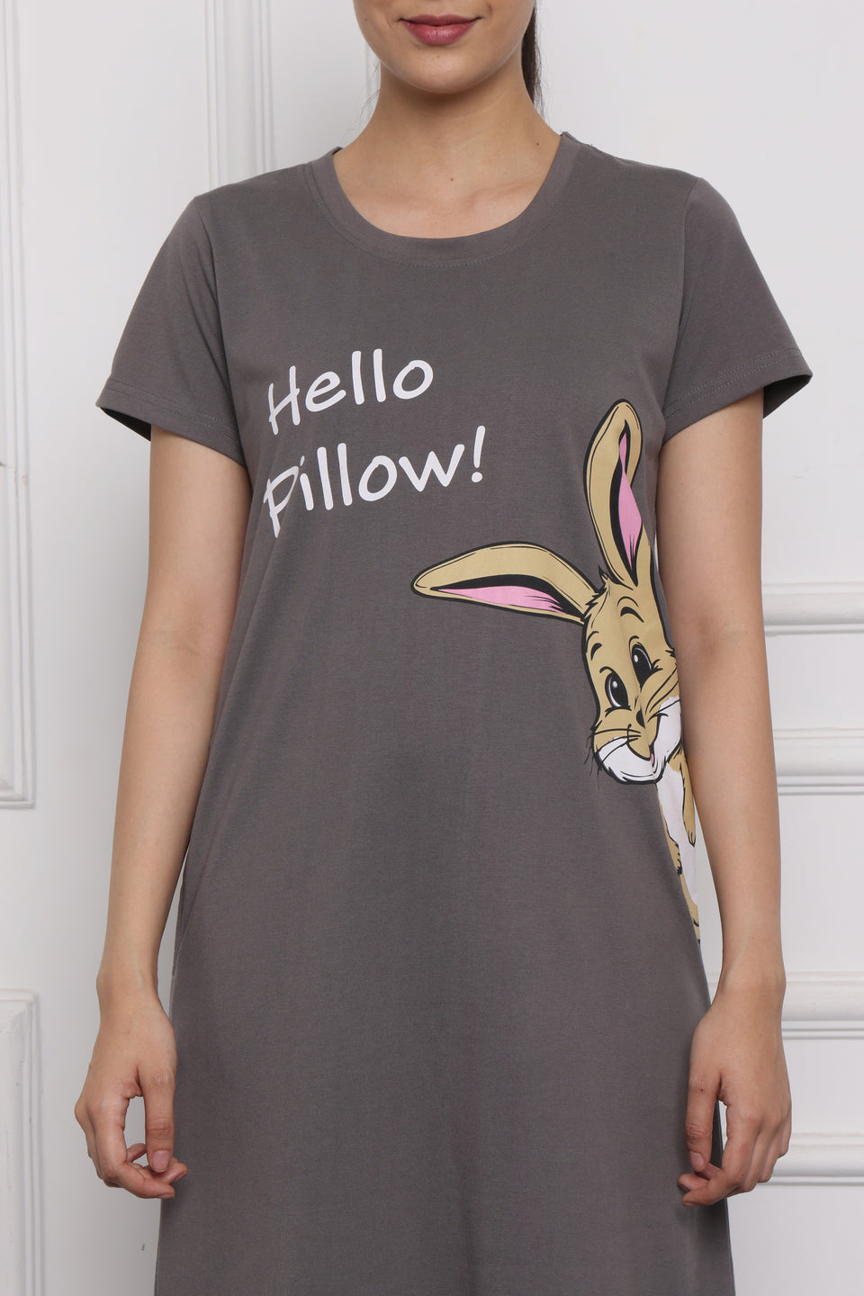 Women's Grey Cotton Nightdress – "Hello Pillow!" Bunny Print | Soft Hosiery Sleepwear with Pockets