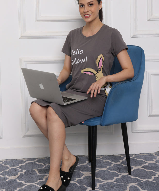 Women's Grey Cotton Nightdress – "Hello Pillow!" Bunny Print | Soft Hosiery Sleepwear with Pockets