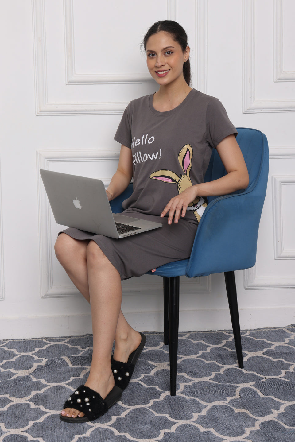 Women's Grey Cotton Nightdress – "Hello Pillow!" Bunny Print | Soft Hosiery Sleepwear with Pockets