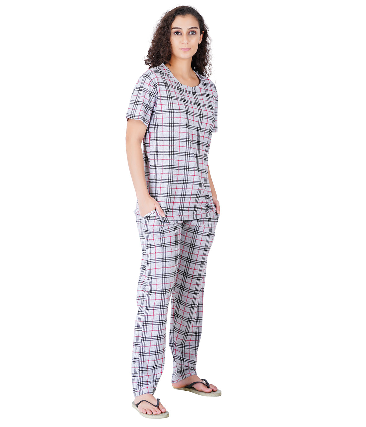 Label My Womens Grey Burberry Roud Neck PJ Set