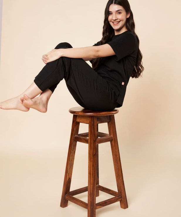 Women’s Black Cotton Loungewear Set – Drop Shoulder Top & Full-Length Pant