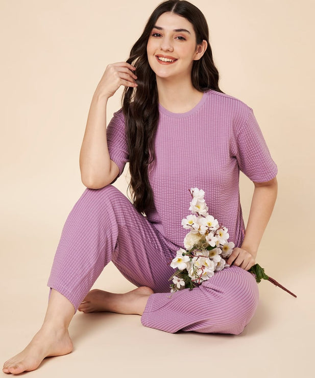 Women’s Lavender Ribbed Cotton Loungewear Set – Drop Shoulder Top & Full-Length Pants