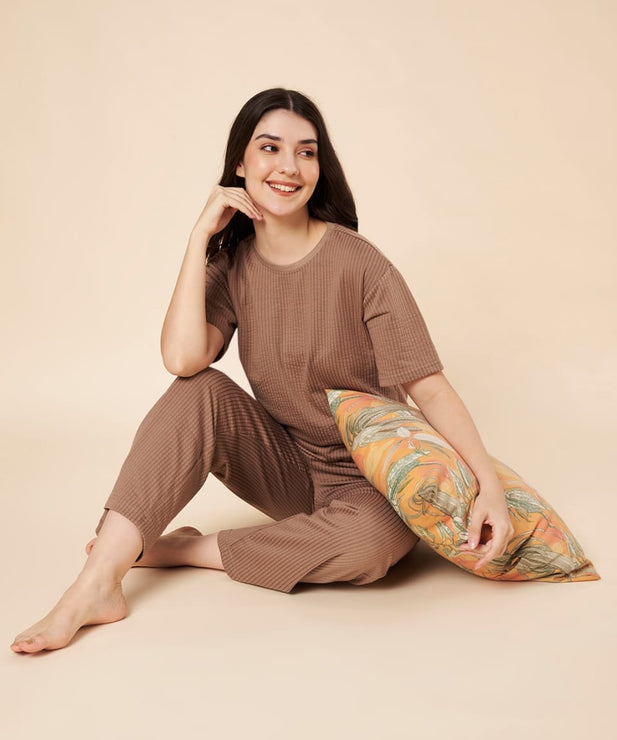 Women’s Mocha Ribbed Cotton Loungewear Set – Drop Shoulder Top & Full-Length Pants